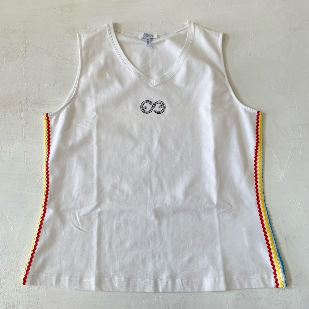 Y2K Escada Sport Embellished Logo White Tank Top with Colorful Trim Size XL